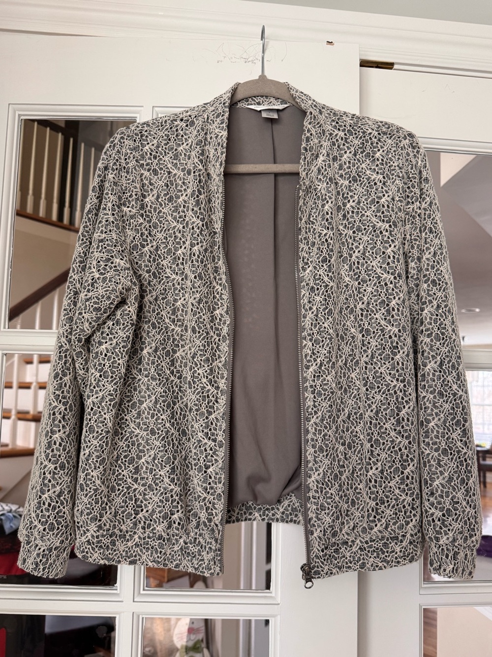 Christopher & Banks Women's Zip Floral Lace Bomber Jacket S Gray Sporty Spring